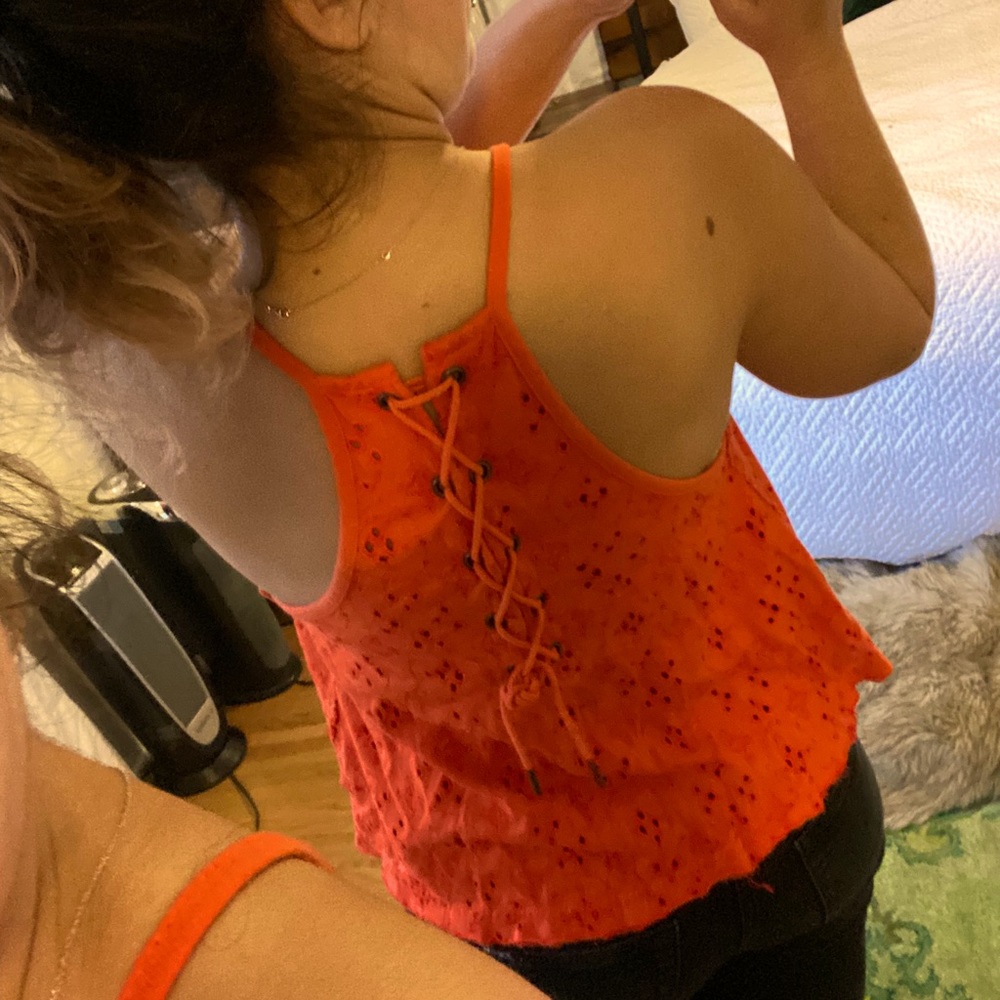 Free People Orange Cotton High Neck Eyelet Tank